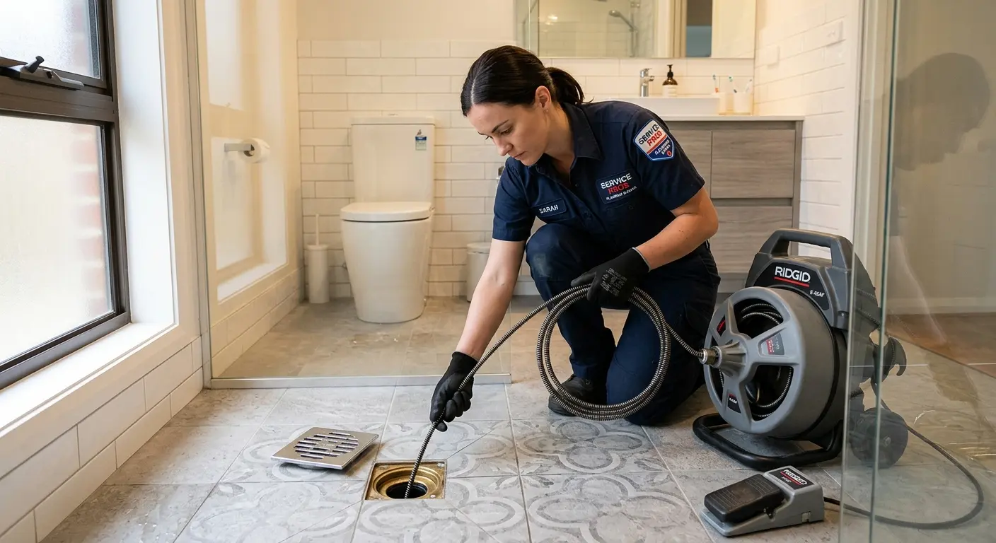 Technician clearing a bathroom floor drain for Hydro Jetting in Progreso